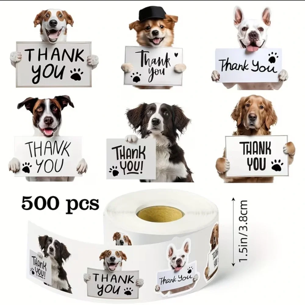 Thank You Dog Sticker Roll, 500 pcs, NEW